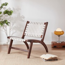 Side Brown Leather Chair Indoor Boho Scandinavian Cognac Woven Rattan Faux - £147.71 GBP