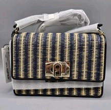 FURLA 1927 Toni Nero Striped Rafia Straw Leather Mini Shoulder Handbag/Purse NEW - $303.86