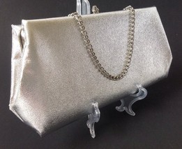 Vintage Silver Metallic Clutch Purse Handbag w Chain Strap Evening Bag Prom - £15.89 GBP