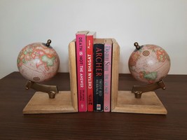 Metal Book Holder Antique Brass Finish Bookends Office Home Deco Globes Set - £64.34 GBP