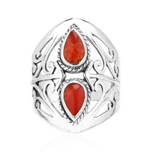 Grand Reflection Filigree Teardrop Synthetic Coral Sterling Silver Ring-9 - £16.34 GBP