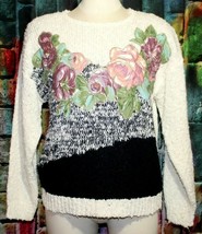 Vintage 80&#39;s Penbrooke Lane White Knit Floral Embellished Sweater Top Si... - £13.93 GBP