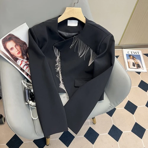 Autumn  Design Sense Niche Suit Coat Temperament Irregular Tassel Loose ... - £180.13 GBP