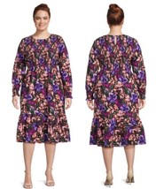 Terra &amp;sky Schwarz Blumenmuster Smocks Midi Langärmelig Bauer Kleid Übergröße 3X - £14.16 GBP