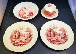 English Abbey Red Transferware 2 Dinner Plates, Bowl and Teacup and Saucer - £30.96 GBP