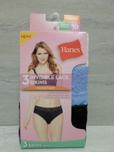 Hanes 3-Pack Tagless Microfiber Invisible Lace Bikinis Black/Blue/White Size 10 - £7.18 GBP