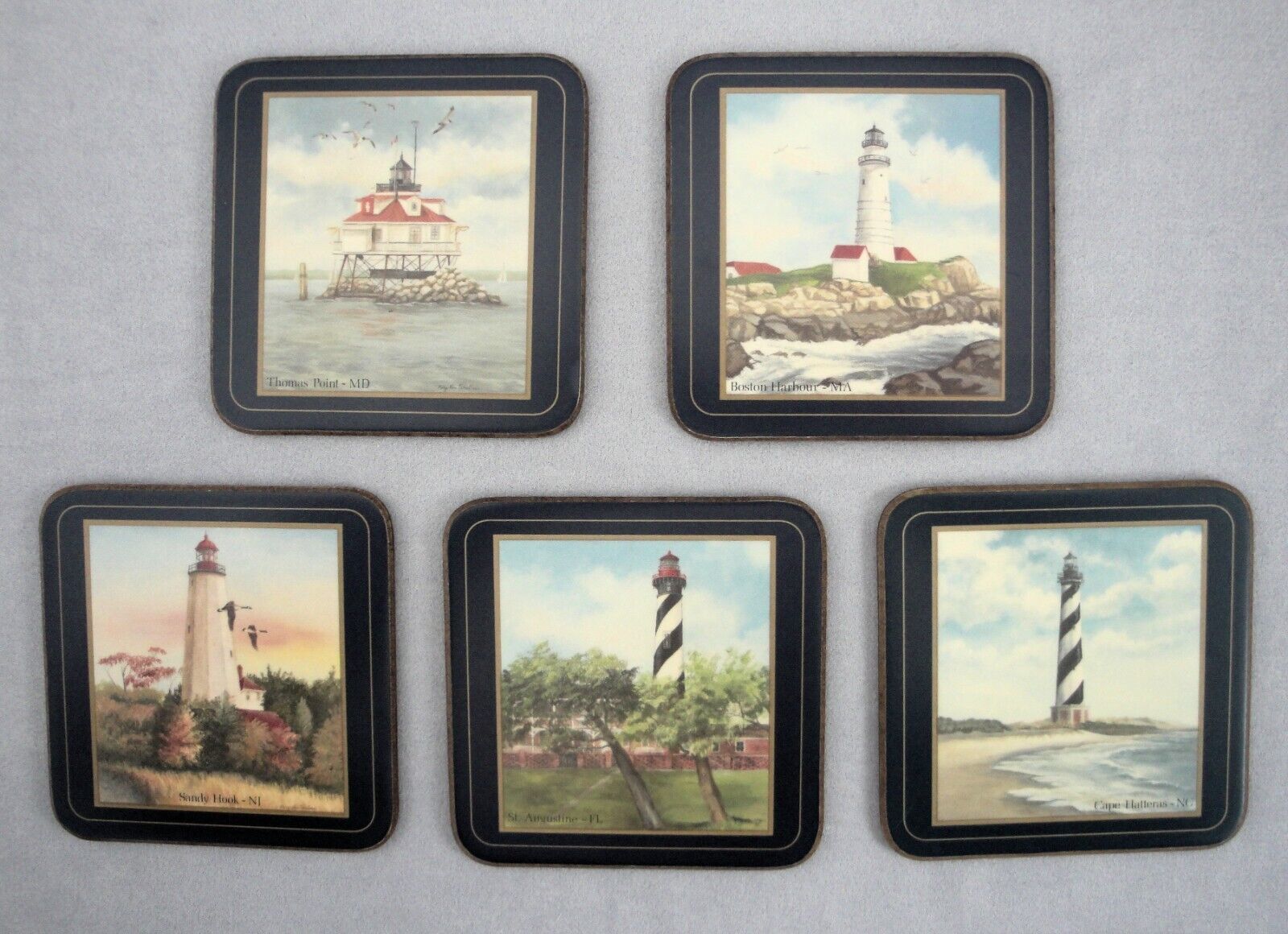 England Pimpernel American Lighthouses 5 Drink Coasters Cork Back 41/8" Square Coasters