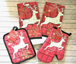 Christmas Dish Towels Pot holder Oven Mitt Reindeer Plaid set of 4 Holiday  - £21.75 GBP