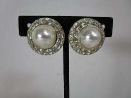 50s Big Button Earrings Clip Earrings Pearl Cabochons Channel Paved Rhin... - $14.84