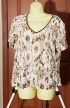 vintage brown floral lace top womens blouse sz Large shirt V neck short ... - £3.92 GBP