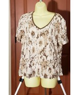 vintage brown floral lace top womens blouse sz Large shirt V neck short ... - £3.98 GBP