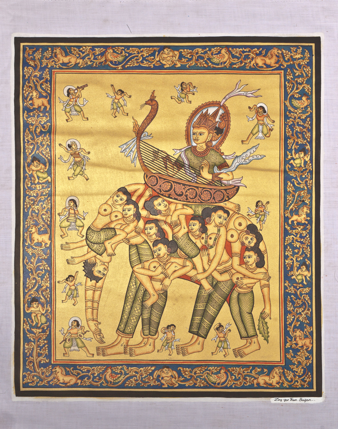 Primary image for Original Burma Sand Painting - Elephant Musicians  - 63cm x 53.5cm  / 24.5" x 21