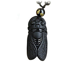 natural Obsidian stone Hand carved Cicada good luck charm pendant necklace - £15.86 GBP