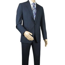Men Suit BERLUSCONI Italian Wool 180's Pin Stripe One Button Peak UGS95-01 Navy image 2