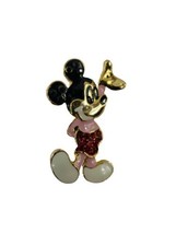 Vintage Disney Mickey Mouse Pink Enamel Red Rhinestones Gold Tone Brooch Pin - £30.97 GBP