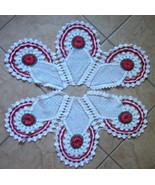 vintage crochet table cloth/doily white red green - £25.55 GBP