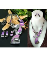 Abstract Sculptural Statement Necklace Earrings Set Silver Purple  - £22.29 GBP