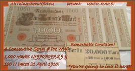 1910 German Empire 4 Unc 1000 Marks Reichsbanknote with 4 Consecutive Se... - $40.00