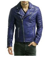 Stylish Men&#39;s Lambskin Leather Bomber Biker Jacket, Men Blue Leather Jacket - £125.80 GBP