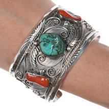 7.5&quot; Large 1970&#39;s Navajo sterling, turquoise, and coral cuff bracelet - $495.00