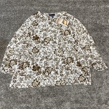 Susan Graver Sheer Blouse Womens 2X White Brown Floral 3/4 Sleeve Shirt - £18.21 GBP