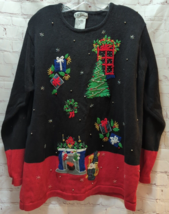 BP Design XL Christmas sweater vintage women black red fireplace tree gift bead - $29.69