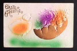 Easter Greeting Chick Roses in Cracked Egg Airbrushed Embossed Postcard c1910s - £6.36 GBP