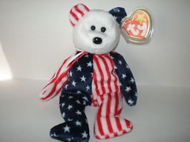 Ty Spangle Beanie Baby Bear White Face Patriotic Red White + Blue New Mint - $4.95