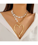 Vintage Simple Heart Pendant Necklace Set with Baroque Imitation Pearl~ - $25.97 CAD