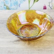 Indiana Glass Marigold Iridescent Weavetex Carnival Basket Weave Bowl 9” Vintage - £11.05 GBP