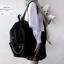 Harajuku Punk Canvas Women Backpack Preppy Style Hollow Out Circles Chains Black - £31.61 GBP