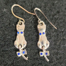 Ladies &quot;Silver Tone&quot; Cat Dangle Pierced Earrings Cute Halloween Blue Dot Accents - £11.95 GBP
