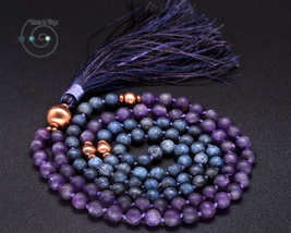 hand knotted 108 mala beads, individually made in USA, amethyst, dumortierite - £42.92 GBP