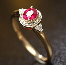 Mom Gift Ruby Diamond Classic Engagement Ring 9K Yellow Gold Minimalist Proposal - £786.12 GBP
