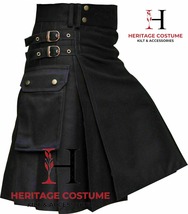 Scottish Handmade 100% Black Cotton Utility Kilt - Custom Size Kilts For... - £54.95 GBP+