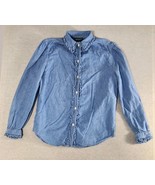 Ralph Lauren RLL Medium Vintage Blouse Top Blue Chambray Ruffle Edges Bu... - $49.00