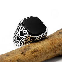 Turkish Black Onyx Men&#39;s Ring 925 Sterling Silver Vintage Tree Rattan Butterfly  - £55.67 GBP