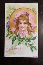 Antique Christmas Postcard - Victorian Child with Winter Pine Tree Scene - £7.98 GBP