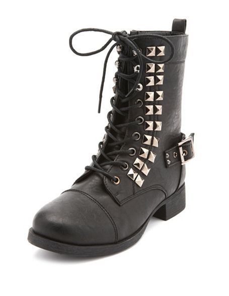 Black Faux Leather Pyramid Stud Lace Up Combat Military Ankle Boots 9 frye goth - $49.95