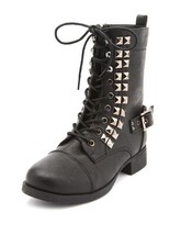Black Faux Leather Pyramid Stud Lace Up Combat Military Ankle Boots 9 frye goth - £39.14 GBP