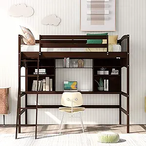 Merax Twin Size Loft Bed with Storage Shelves, Desk and Ladder, Espresso - $887.99
