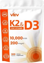 VEV 2 in 1 Vitamin D3 (10,000 IU) + K2 (MK7) 200 mcg - 300 Capsules - $18.69