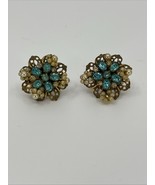 VTNG Aqua Blue Crystal Rhinestone &amp; Pearl Flower Gold Tone Filigree Clip... - $275.62 MXN