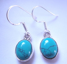 Blue Turquoise Oval 925 Sterling Silver Dangle Earrings Corona Sun Jewelry - £6.45 GBP