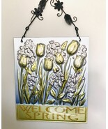Art Glass Welcome Sign Spring Lavender Flowers Golden Tulips Silver Back... - €39,07 EUR