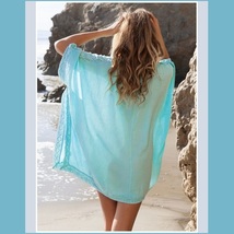 Lace Crochet Collar Pale Sea Green Chiffon Loose Sheer Beach Cover Up Tunic Top image 2