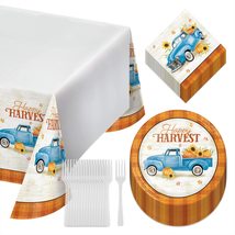 Fall Party Supplies - Autumn Harvest Truck &amp; Orange Plaid Dinner Plates, Lunch N - £13.58 GBP+