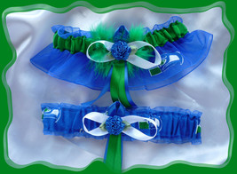 Seattle Seahawks Blue Organza Fabric Flower Wedding Garter Set GB - £20.53 GBP