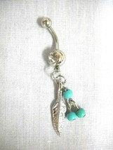 New Feather &amp; 3 Blue Turquoise Dangling Beads On 14g Clear Cz Belly Ring Barbell - £4.71 GBP