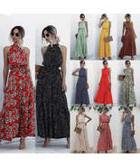 2025 Fashion Sleeveless Print Flowers Polka-dot Halter Boho Dresses - $69.95